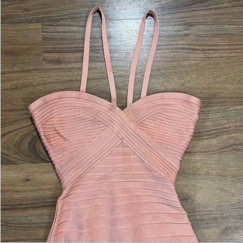 Herve Leger by Max Aria Alissa Bandage Dress Peach Coral Strappy Dress - Picture 2 of 7